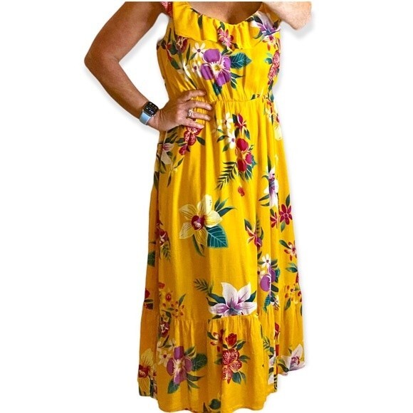 Old Navy Yellow Floral Midi Sundress - Size Medium - Ruffle Hem - Picture 2 of 10